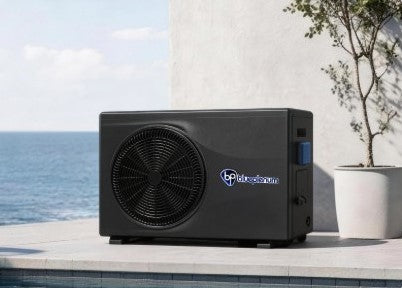 BluePlenum cascade pool heat pump system diagram showing multi-unit inverter control and load sharing for large pool heating