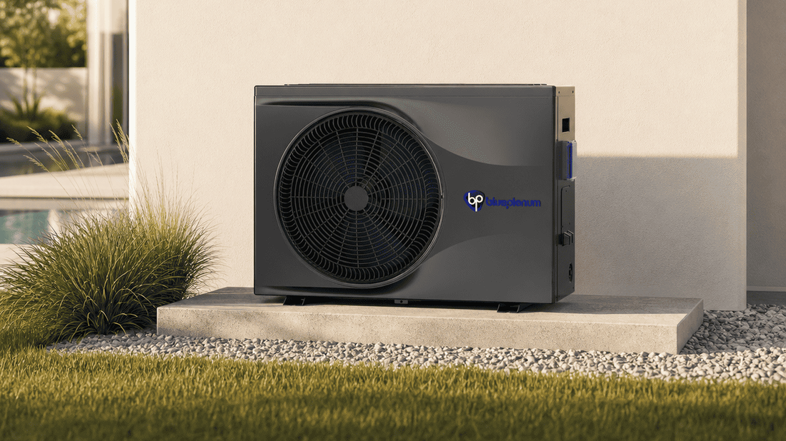 Inverter pool heat pump installed next to swimming pool for efficient heating