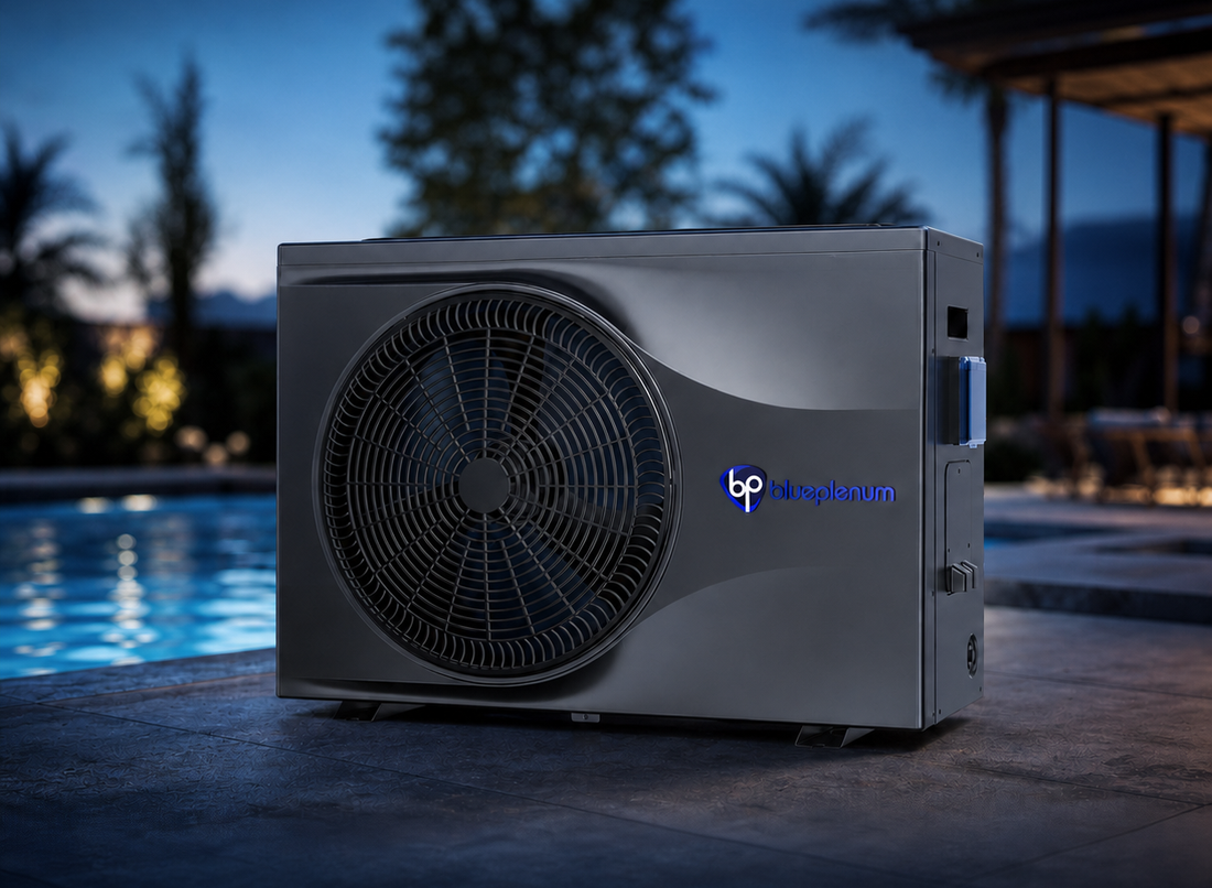 A high-efficiency [YourBrandName] pool heat pump shown alongside a pool cover to demonstrate how they work together to maintain water temperature.