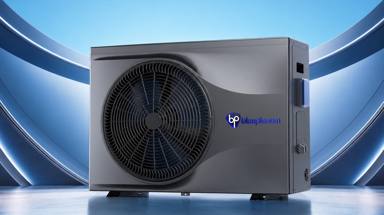 Close-up of a pool heat pump extracting heat from ambient air for energy-efficient pool heating
